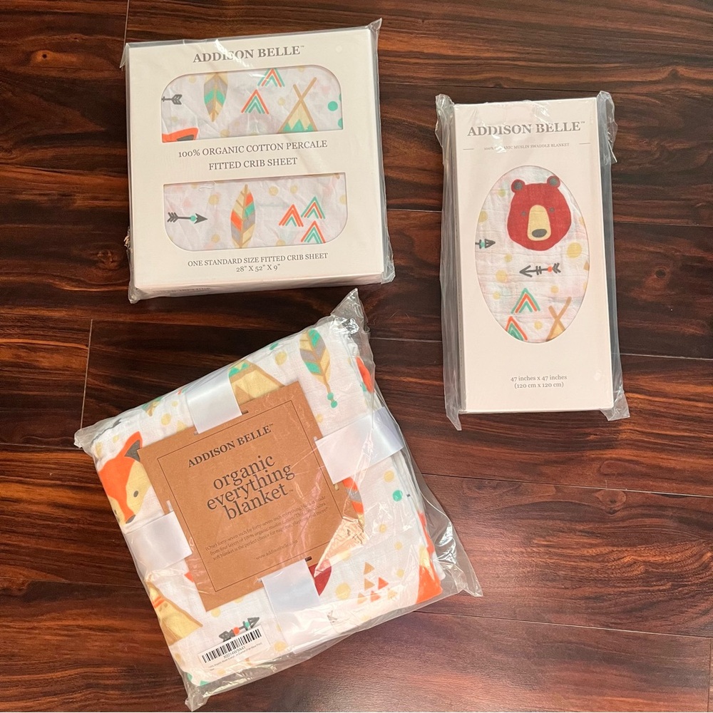 Organic Cotton Blanket, Swaddle and Crib Sheet Bear/Fox Set
